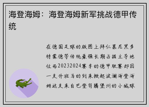 海登海姆：海登海姆新军挑战德甲传统