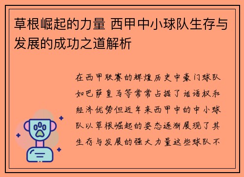 草根崛起的力量 西甲中小球队生存与发展的成功之道解析