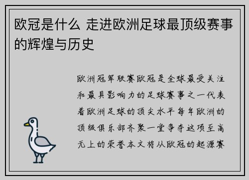 欧冠是什么 走进欧洲足球最顶级赛事的辉煌与历史