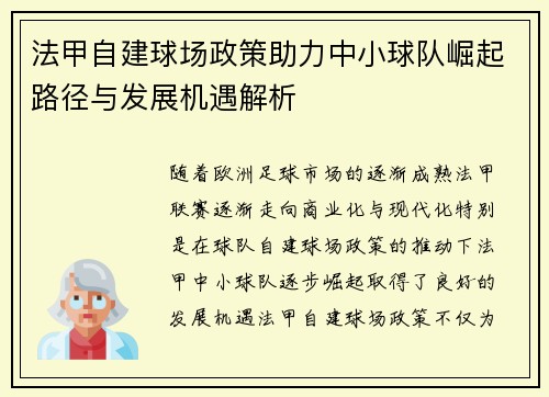 法甲自建球场政策助力中小球队崛起路径与发展机遇解析
